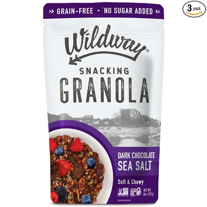 Wildway Keto Granola | Dark Chocolate Sea Salt | Grain-Free Certified Gluten-Free Cereal | Vegan, Low Carb | No Sugar Added | Paleo-Friendly, Non-GMO Fruit & Nut Clusters | Nutrient-Rich | 8oz, 3 Pack