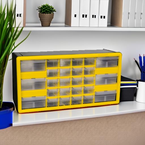 Akro-Mils 26-Drawer Plastic Drawer Storage Cabinet for Garage Organization, Bead Organizer, Building Bricks Storage, Teacher Toolbox, Makeup Organizer, 20-Inch W x 6-Inch D x 10-Inch H, 10126 Yellow