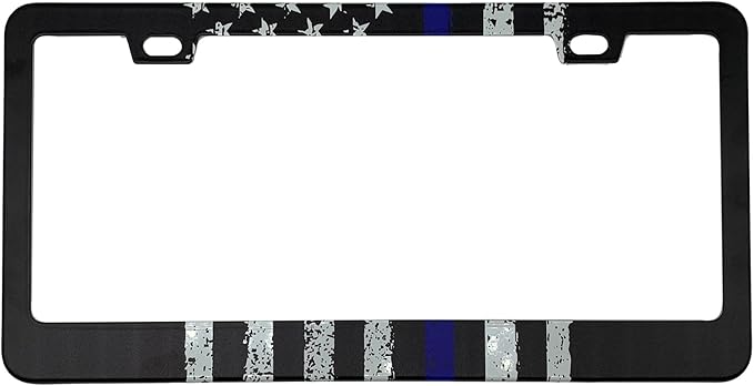 Thin Blue Line with American Flag Design Patriotic License Plate Frame Cover for Men/Women, Powder Coated Stainless Steel Auto Car Tag Frame with 2 Holes & Free Screws