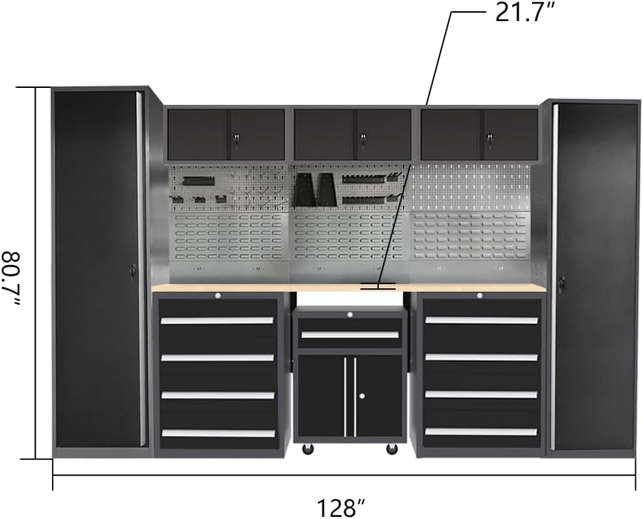 JZD Garage Storage Cabinet Set with Workbench System, Included Tool Cart, for Auto Repair Shop Basement Factory
