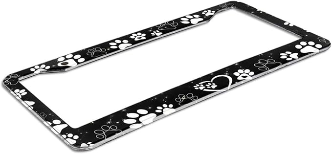 Paw Print License Plate Frame - 1 Pack Personalized Black White Dog Paw License Plate Holder Aluminum Metal Car Tag Cover with 2 Holes Decorative for US Vehicle Standard for Women Men