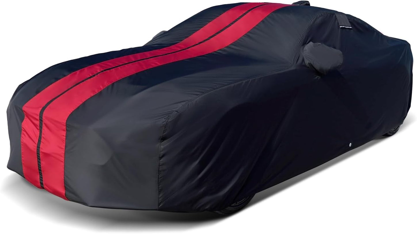 iCarCover Custom Car Cover for Pontiac J2000 (1981-1982) Waterproof All-Weather Rain Snow UV Sun Protector Full Exterior Indoor Outdoor Car Cover (Stripe - Black/Red)