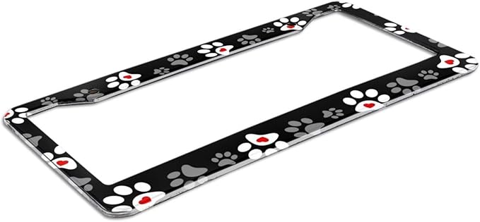 Paw Print License Plate Frame - 1 Pack Personalized Black Love Dog Paw License Plate Holder Aluminum Metal Car Tag Cover with 2 Holes Customized Decorative for US Vehicle Standard for Women Men