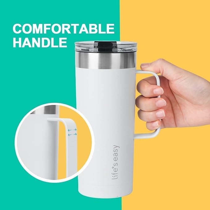 Life's Easy 20oz Stainless Steel Mug w/Handle - Double Wall Insulated Travel Tumbler w/Flip Lid - Leak Proof Tumbler-Thermal Cup for Coffee, Tea & More - Keep Hot & Cold Drinks (White, 20 oz)
