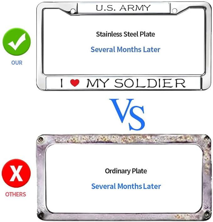 I Love My Soldier Metal Chrome Auto License Plate Cover,Proud US Army Classic Black License Plate Frame with Theft-Proof Screw Caps