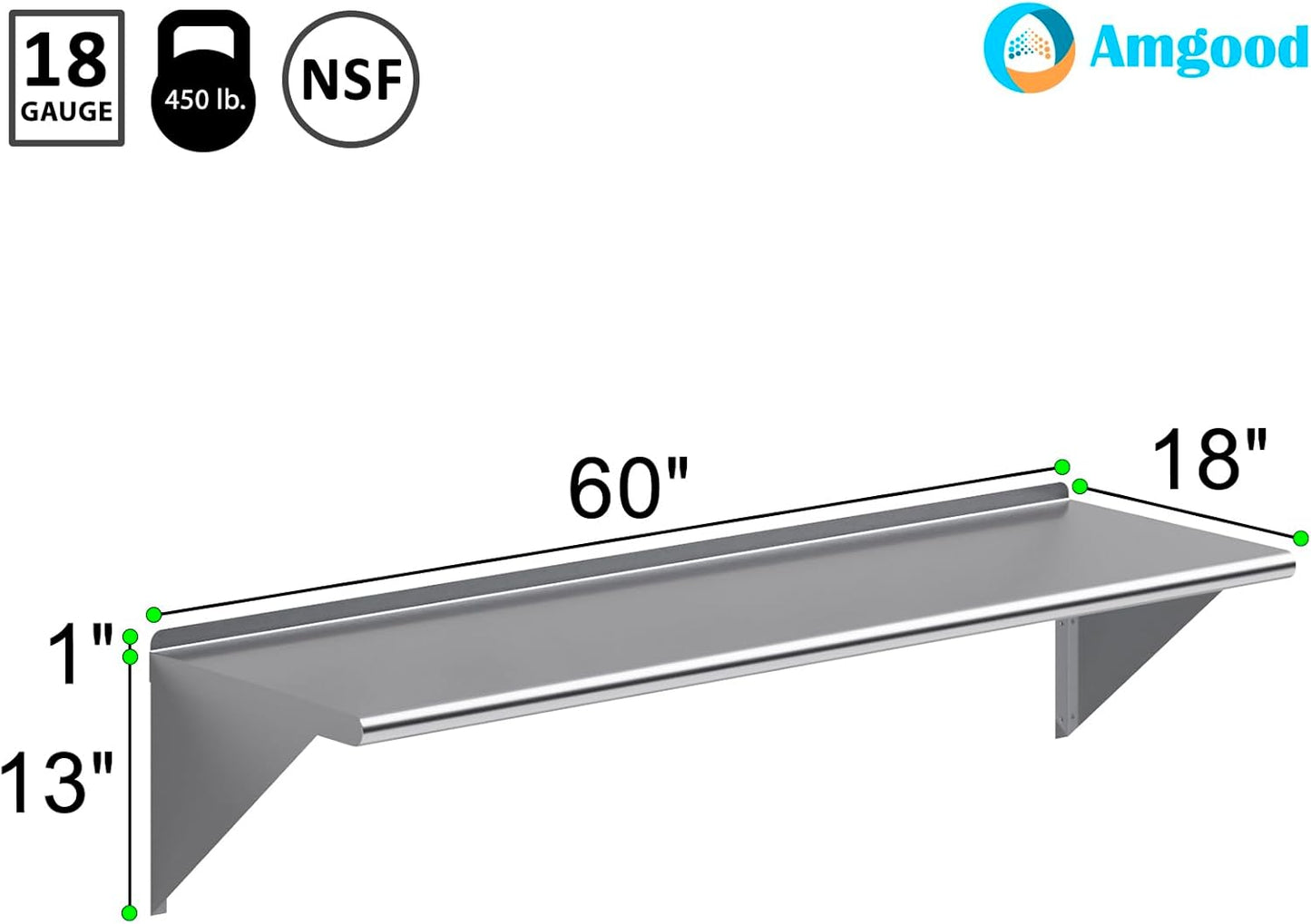 AmGood 60" Long X 18" Deep Stainless Steel Wall Shelf | NSF | Appliance & Equipment Metal Shelving | Kitchen, Restaurant, Garage, Laundry, Utility Room