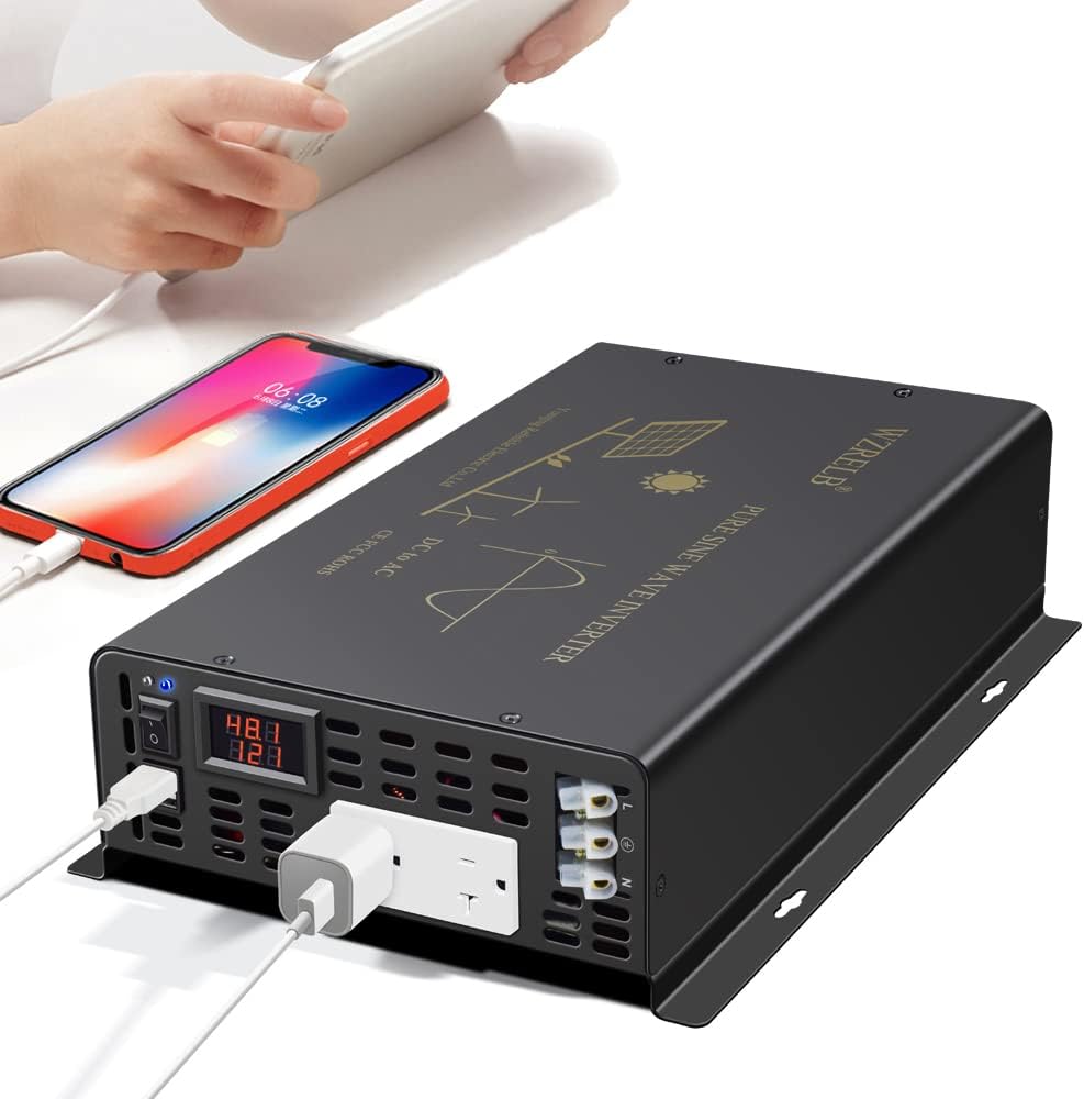 WZRELB 3000W Pure Sine Wave Power Inverter 48VDC to 120VAC 6000W Peak Dual AC Outlets 2× 2.4A USB Port &Hardwire Terminal Off-Grid Solar Converter RV Trucks (U5-300048)
