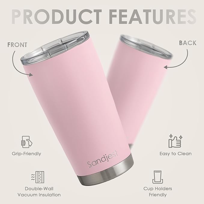 SANDJEST Pink Tumbler 20oz Stainless Steel Double Wall Vacuum Insulated, Travel Coffee Cup, Gifts for Men Women Birthday Christmas