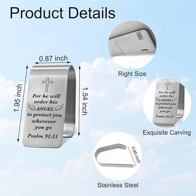 XQLZY for He Will Order His Angels to Protect You Engraved Stainless Steel Car Visor Clip, Wherever You Go Psalm 91:11, Inspirational Guardian Angel Safe Driving Gifts for Family Friend Driver