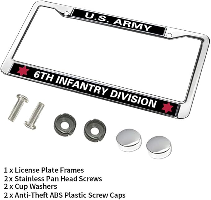 US Army 6TH Infantry Division License Plate Frame Cover,Veteran US Army Pure Handmade Car Tag Plate Frame with Screws Caps Sets
