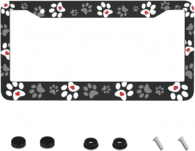 Paw Print License Plate Frame - 1 Pack Personalized Black Love Dog Paw License Plate Holder Aluminum Metal Car Tag Cover with 2 Holes Customized Decorative for US Vehicle Standard for Women Men