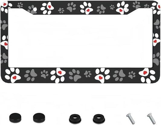 Paw Print License Plate Frame - 1 Pack Personalized Black Love Dog Paw License Plate Holder Aluminum Metal Car Tag Cover with 2 Holes Customized Decorative for US Vehicle Standard for Women Men