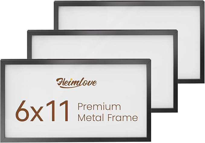 Heimlove 6x11 Metal Picture Frame,Black Aluminum Photo Frames-Real Tempered Glass,Tabletop Display,Mounting Horizontally or Vertically Decor for Wall-3 Pack