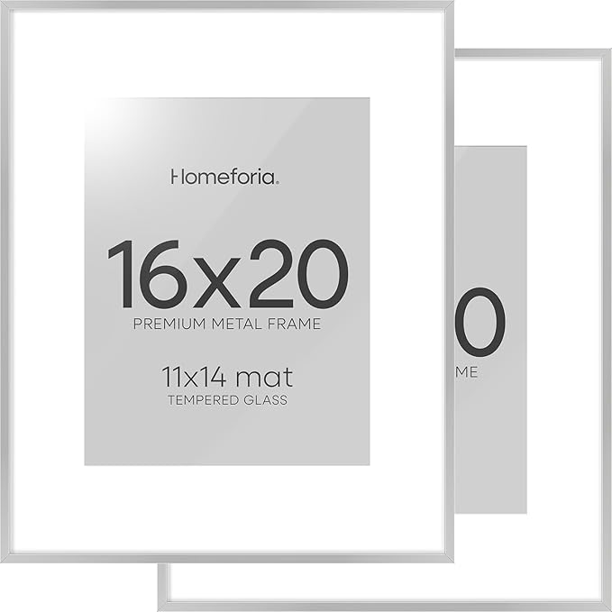 Homeforia 16 x 20 Picture Frame Silver, High End Metal 16 x 20 Frames with Mat 11 by 14 Photo, 16x20 Silver Poster Frame Matted to 11x14 Print, 20x16 Hanging Frames, Tempered Glass, Wall Kit, Set of 2
