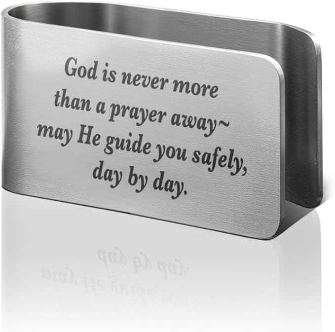 God is Never More Than A Prayer Away Engraved Stainless Steel Car Visor Clip, Travels Visor Car Accessories, Guardian Angel Safe Driving Gifts for Family Friend Driver, New Driver Gifts