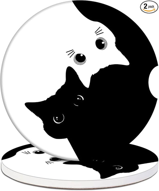 Car Cup Holder Coaster -Black White Cat Absorbent Ceramic Coaster, Car Coasters for Cup Holders, Auto Accessories for Women & Men, Pack of 2