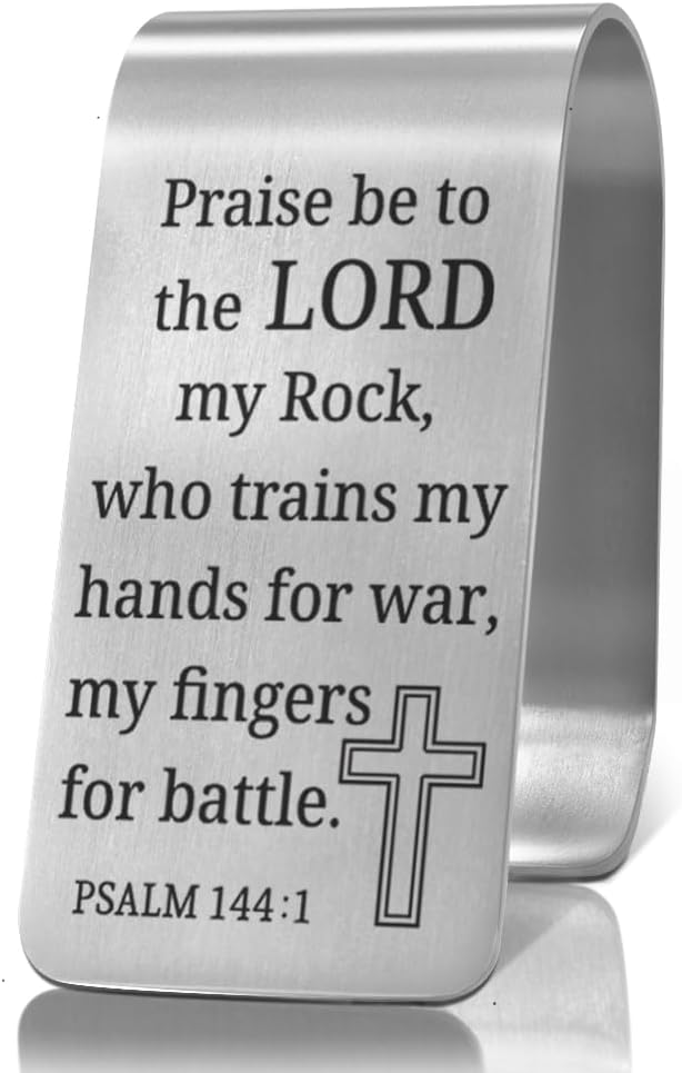 XQLZY Praise Be to The Lord My Rock Psalm 144:1 Engraved Stainless Steel Car Visor Clip, Travel Visor Car Accessories, Inspirational Religious Safe Driving Clip Gifts for Family Friend Driver