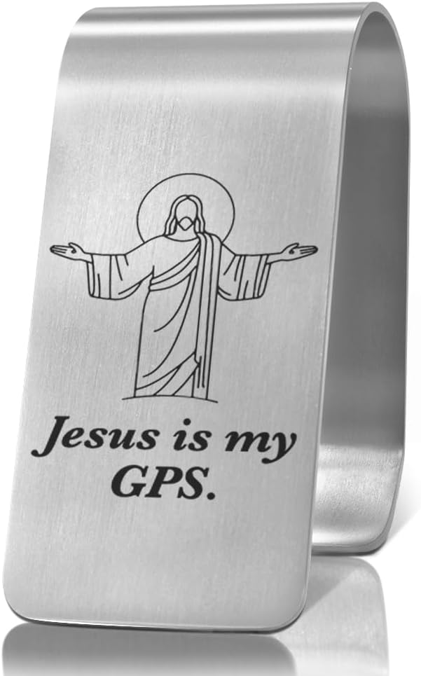 XQLZY Jesus is My GPS Engraved Stainless Steel Car Visors Clip, Angel Car Visor Clips, Funny Guardian Angel Visors Clip Gifts for Women Men Family Friend Driver, God Prayer Gifts