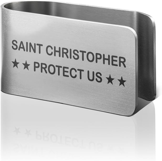 Saint Christopher Protect Us Engraved Stainless Steel Car Visor Clip, St Christopher Accessories for Car, Driving Safety Prayer Religious Gifts for Family Friend Driver, New Driver Gifts