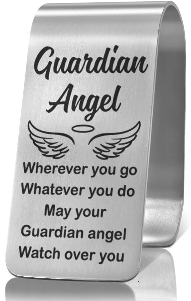 XQLZY May Your Guardian Angel Watch Over You Engraved Stainless Steel Car Visor Clip, Funny Safe Driving Gifts for Women Men Family Friend, New Driver Gifts for Men, Safe Drive Reminder Present