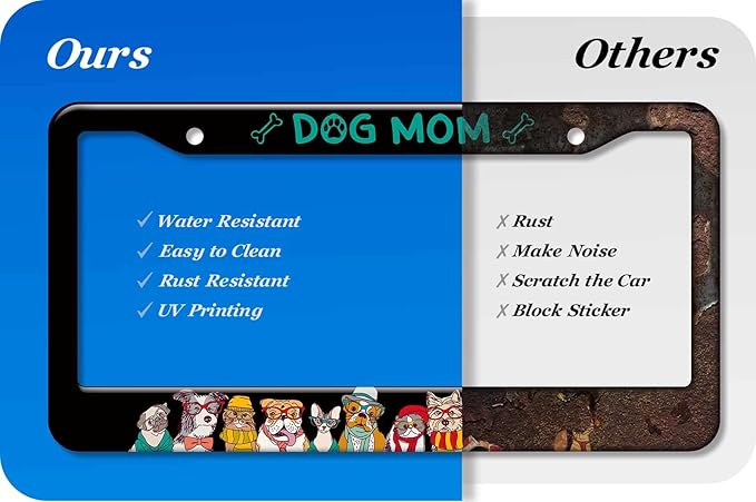 2PCS Dog Mom Pattern License Plate Frames for Men Women - Universal Aluminum Stainless Steel Pet Personalized Car Tag Covers Holder with Screws, Caps, Rattle Proof Pads and Handlebar Stickers
