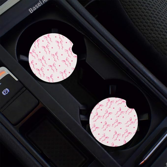 Cup Holder Coaster for Car, 2 Pack Car Coasters for Cup Holders, Cork Base Car Cup Coasters for Drinks, Universal Aesthetic Car Accessories for Women Men, Table Coaster Home Decor (Pink Bow Ribbon)