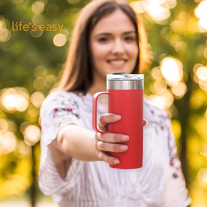 Life's Easy 20oz Stainless Steel Mug w/Handle - Double Wall Insulated Travel Tumbler w/Flip Lid - Leak Proof Tumbler-Thermal Cup for Coffee, Tea & More - Keep Hot & Cold Drinks (Red, 20 oz)