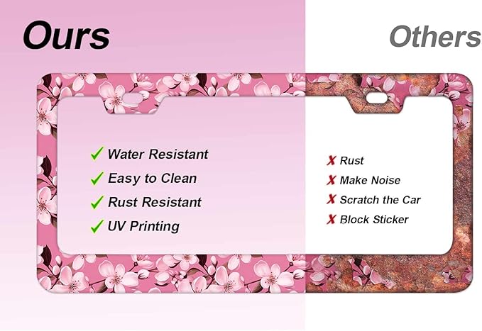 2pcs Pink Cherry Blossom License Plate Frame for Women, Pink Flower Flora Car Tag Frames Girly for Vehicle with Non Adhesive Electrostatic Sticker