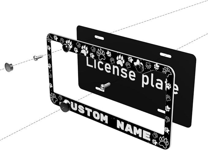 Custom License Plate Frame Dog Paw Print 2 Pack Personalized Add Text Black Custom License Plate Frame with Standard Us Canada Vehicles 12.3 X 6.3in