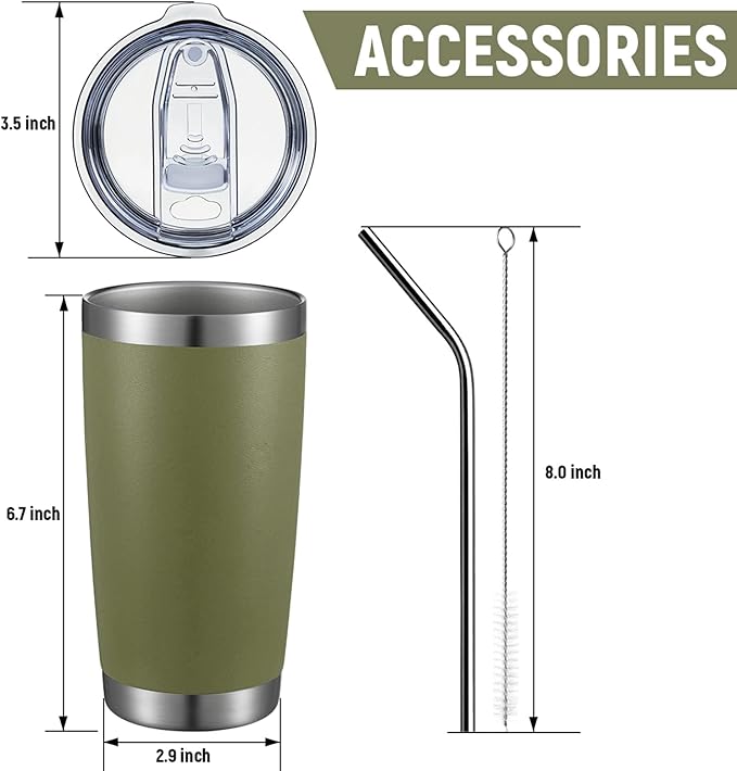 COMOOO 20oz Double Wall Vacuum Insulated Travel Mug, Stainless Steel Tumbler with Lid and Straw Durable Powder Coated Insulated Coffee Cup for Cold & Hot Drinks（Army Green, 1 Pack）