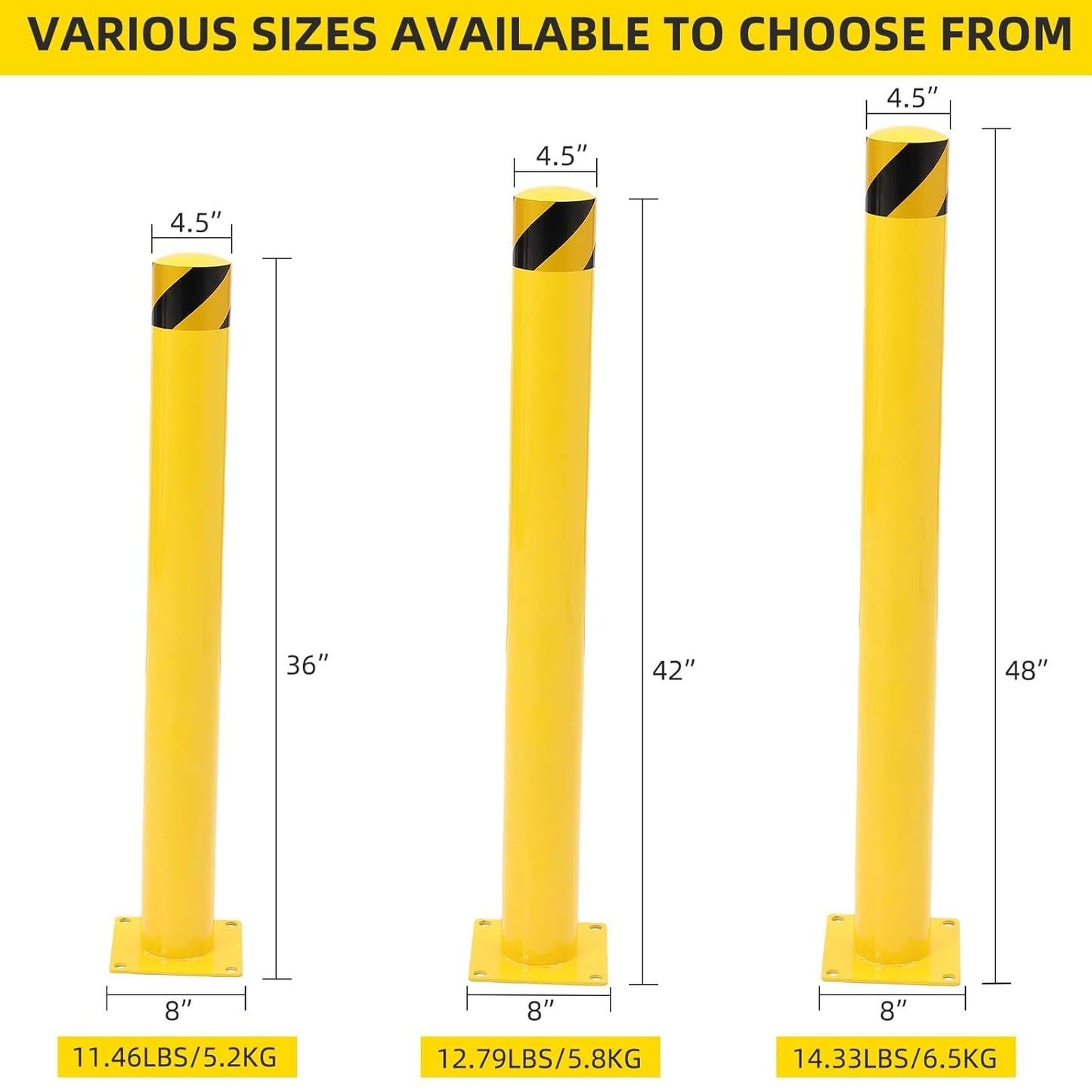 6Pcs Heavy Duty Safety Bollards, 42" Height, 4.5" Diameter Steel Pipe Bollard Post with 24 Anchor Bolts, High-Visibility Yellow Parking Bollard for Traffic Control, Warehouses, & Pedestrian Safety