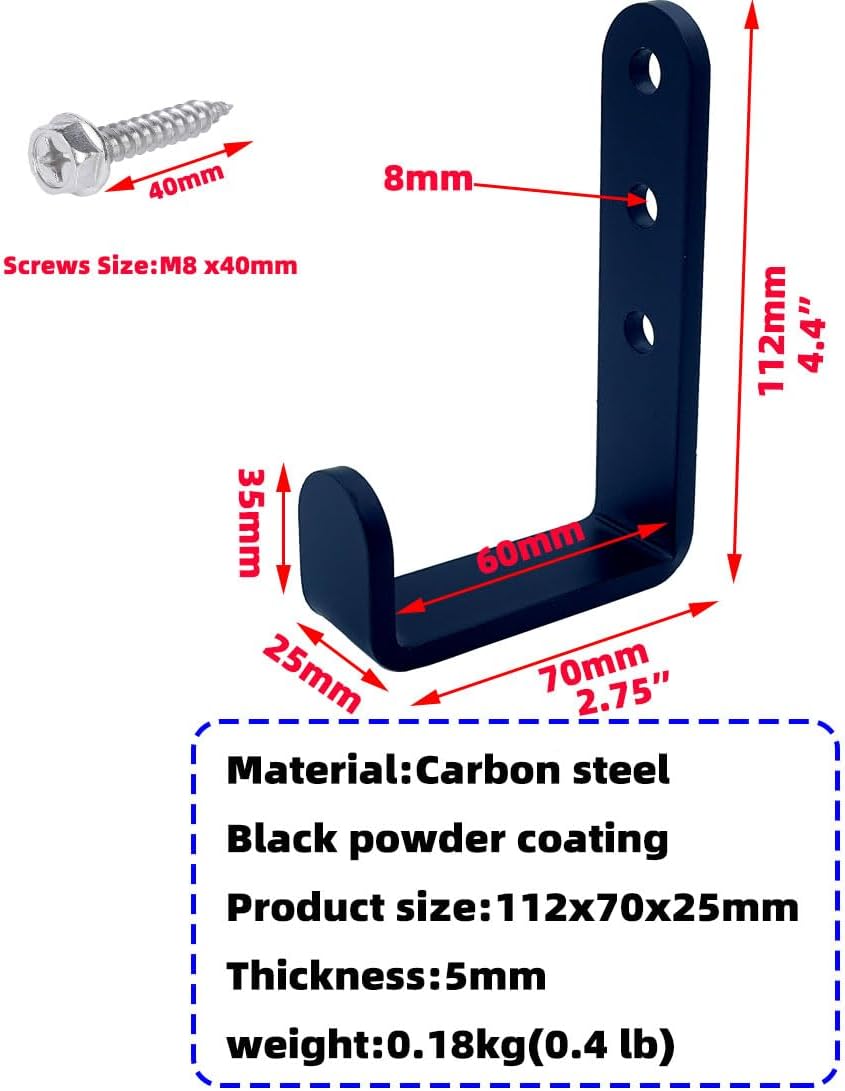 4 Pcs Black Heavy Duty Metal j Hooks for Hanging 230 lbs, Wall Mount Hook for Hanging Garage Storage Home Office Gym Sports Equipment, Tool Organization,Small U Hooks (L)