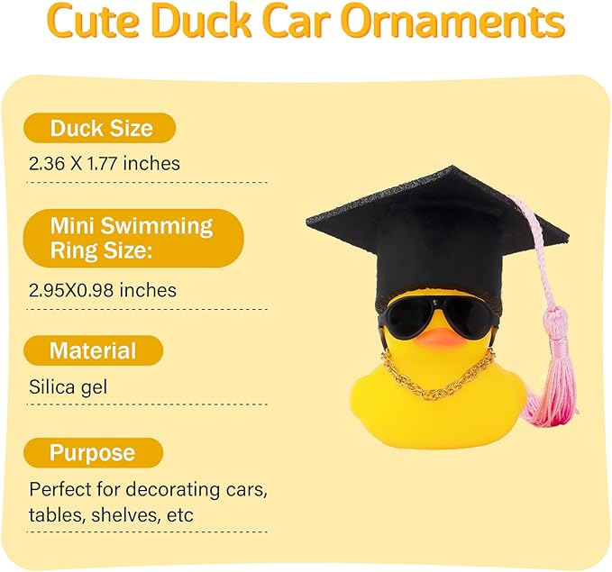 wonuu Car Dashboard Decor Graduation Hat Rubber Duck, Car Ducks Ornaments with Mini Hat Necklace Sunglasses Scarf (Pink)