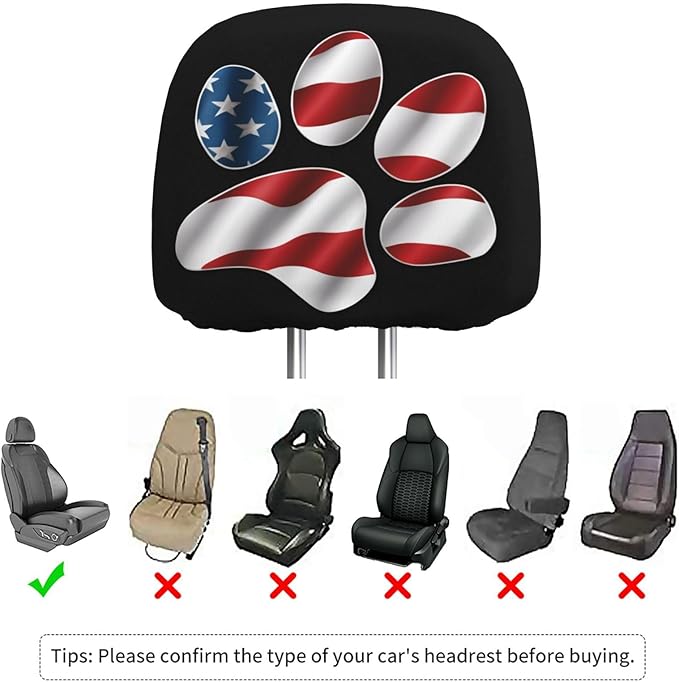Dujiea 2 Pack USA Paw America Flag Car Headrest Covers, Universal Soft Car Seat Head Rest Cover Protector, Vehicle Accessories Fabric Headrest Cover for Cars Vans Trucks