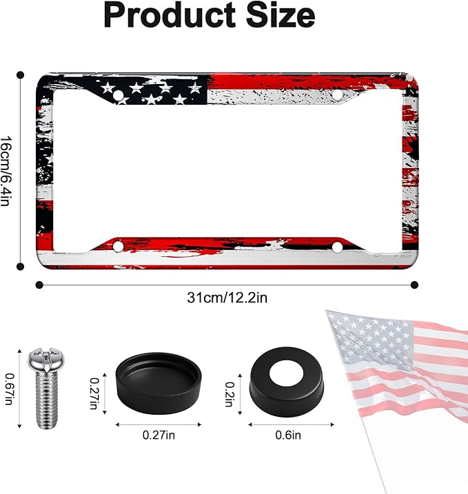 American Flag License Plate Frames Holder,Aluminum Novelty Decorative License Plate Protector with Screws for Men/Women,Car Decoration Accessories,2pcs-Blue Red American Flag