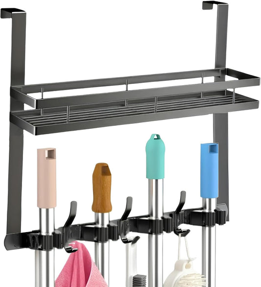 Broom Holder Over The Door Over Door Broom and Mop Rack Over The Door Hooks Organizer With4 Slots & 3 Hooks 1 Storage Basket For Laundry Room, Garage, Closet, Kitchen Decor (black)