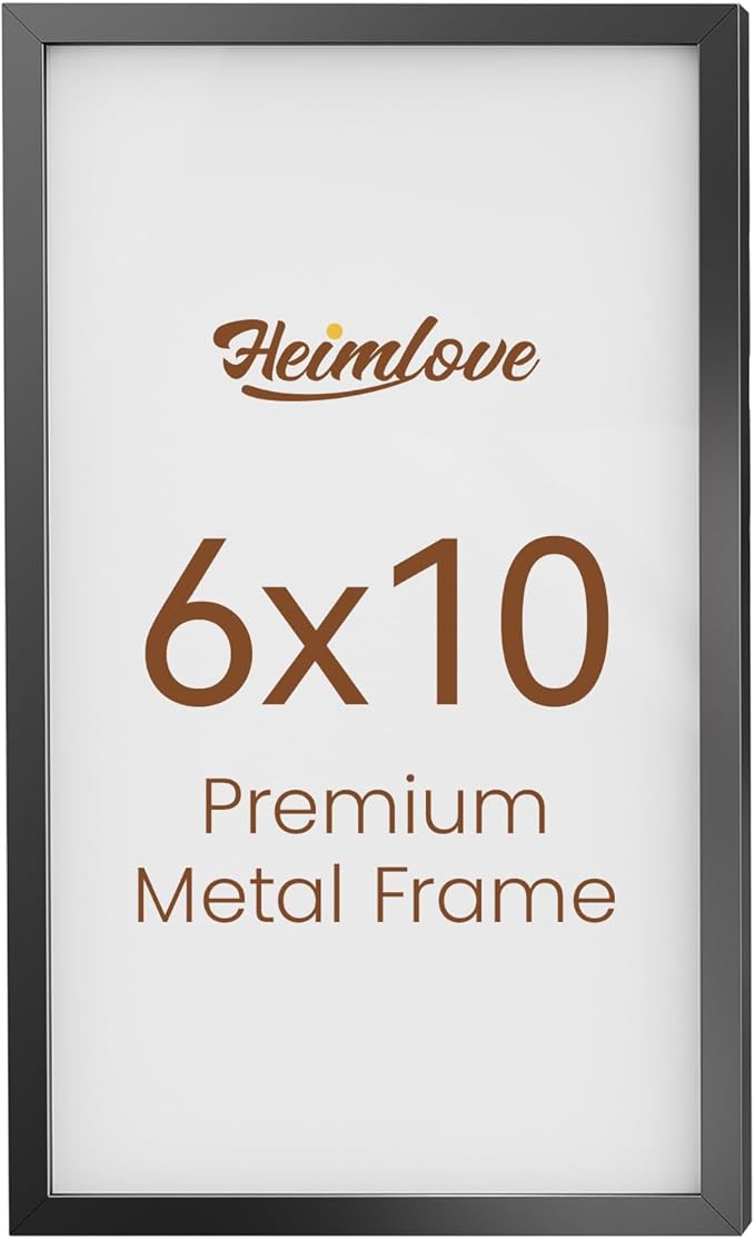Heimlove 6x10 Metal Picture Frame,Black Aluminum Photo Frames-Real Tempered Glass,Tabletop Display,Mounting Horizontally or Vertically Decor for Wall-1Pack
