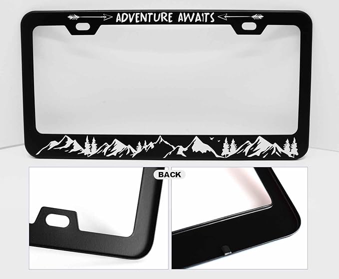 1pcs Black White Mountain License Plate Frame for Women, Forest Mountain Landscape car tag Frames Girly for Vehicle with Non Adhesive Electrostatic Sticker