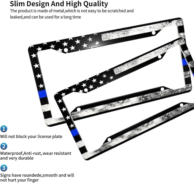 Vintage American Flag Thin Blue Line License Plate Frame - 1 Pack Personalized Patriotic License Plate Holder Aluminum Metal Car Tag Cover with 4 Holes Decoration for US Vehicle Standard for Women Men