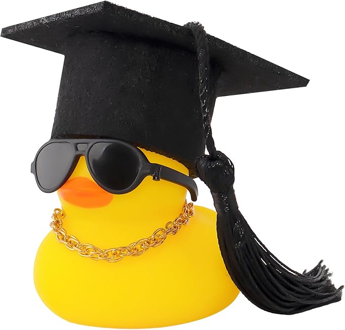 wonuu Car Dashboard Decor Graduation Hat Rubber Duck, Car Ducks Ornaments with Mini Hat Necklace Sunglasses Scarf (Black)