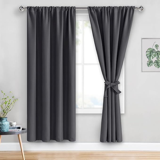 JIUZHEN Blackout Curtains for Bedroom– Thermal Insulated,Noise Reducing Room Darkening Rod Pocket Curtains for Living Room, Set of 2 Panels with Tiebacks, 42 x 72 inch Long, Dark Grey