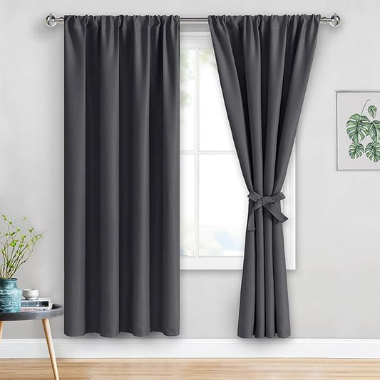 JIUZHEN Blackout Curtains for Bedroom– Thermal Insulated,Noise Reducing Room Darkening Rod Pocket Curtains for Living Room, Set of 2 Panels with Tiebacks, 42 x 72 inch Long, Dark Grey