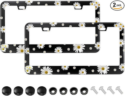 2PCS Daisy License Plate Frame, Beautiful Chrysanthemum License Plate Frame, Personalized Floral Car Accessory Holder for Men and Women