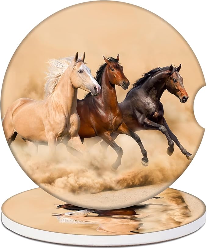 Running Horse Car Coasters for Cup Holders, Absorbent Ceramic Car Coaster Car Cup Holder Coaster Car Accessories for Women Men (2 Pack)