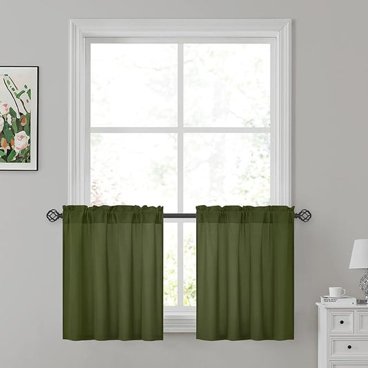HOMEIDEAS Non-See-Through Olive Green Privacy Sheer Kitchen Curtains, 30 X 24 Inches Long 2 Panels Sheer Curtains Light Filtering Window Drapes for Bedroom Living Room