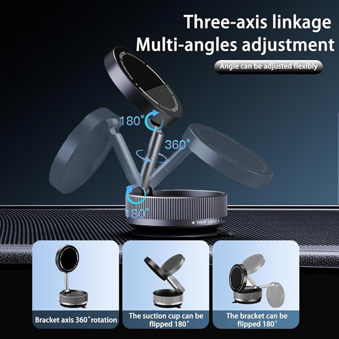 Vacuum Suction Magnetic Car Phone Holder Mount Fit All Phones,Adjustable Phone Holders for Your Car,Mechanical Knob No Need Charging,Metal Ring Stick Outside if Case Non-Magnetic (Black)