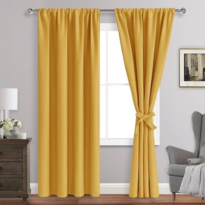 JIUZHEN Blackout Curtains for Bedroom - Thermal Insulated Room Darkening Rod Pocket Curtains for Living Room, Set of 2 Panels with Tiebacks, 42 x 96 Inch Length, Mustard Yellow