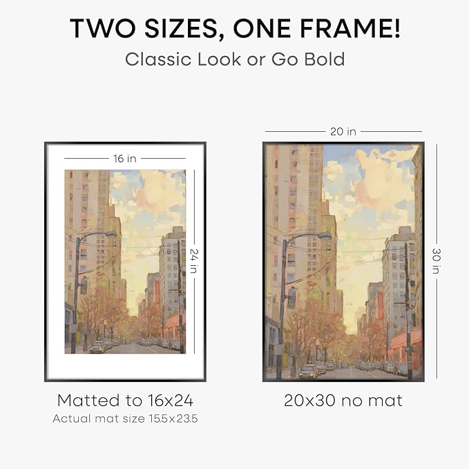Homeforia 20x30 Poster Frame Black, High End Metal 20 x 30 Picture Frames with Mat 16 by 24 inch Photo, 30x20 Large Frame for Wall, 20x30 Thin Frame Matted to 16x24, Tempered Glass, Wall Kit, Set of 3