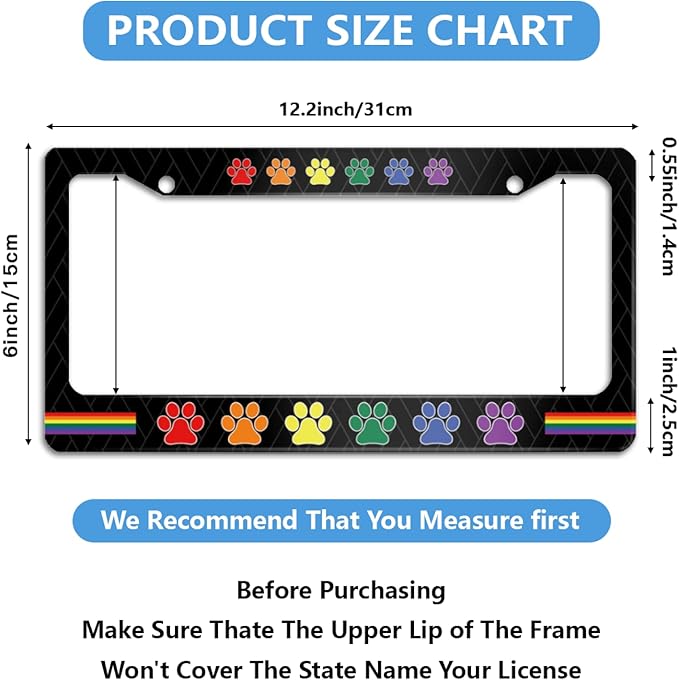 Gay Rainbow Paw Print License Plate Frame Pride for Car Decorative Parts Stainless Steel License Plate for Standard Us Canada License Plate Holder 12x6 Inch