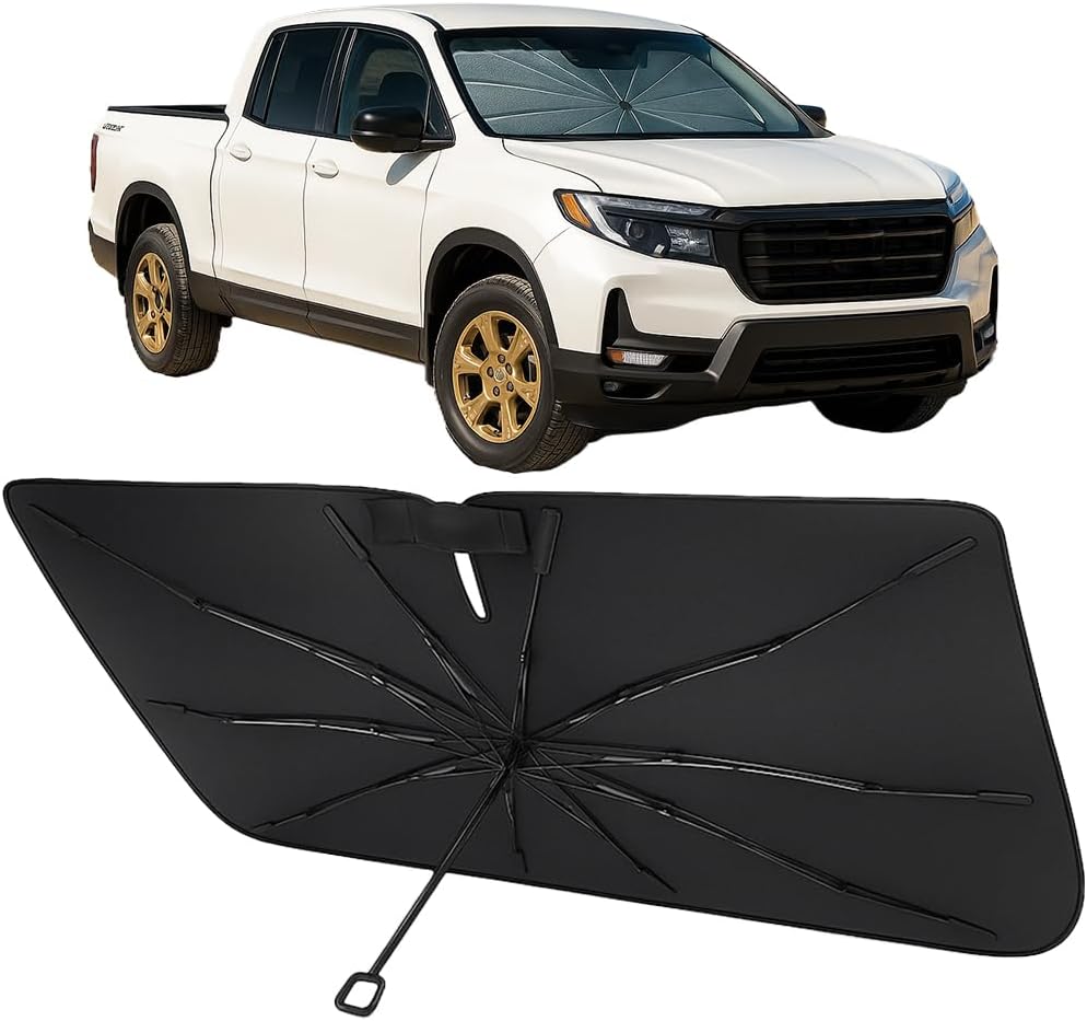 Proadsy Windshield Sun Shade Umbrella for Honda Ridgeline 2017-2025 2026 Foldable Car Umbrella Sunshade with Soft TPU Handle Spring Structure Crystal Cooling Material Protect Car from Rays & Heat